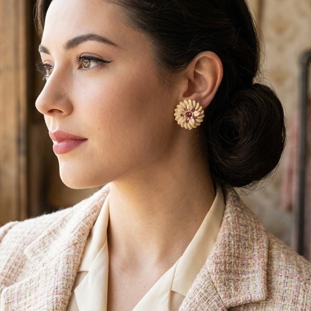 Vintage 1950s Cream Molded Celluloid Flower Pink Rhinestone Clip On Earrings